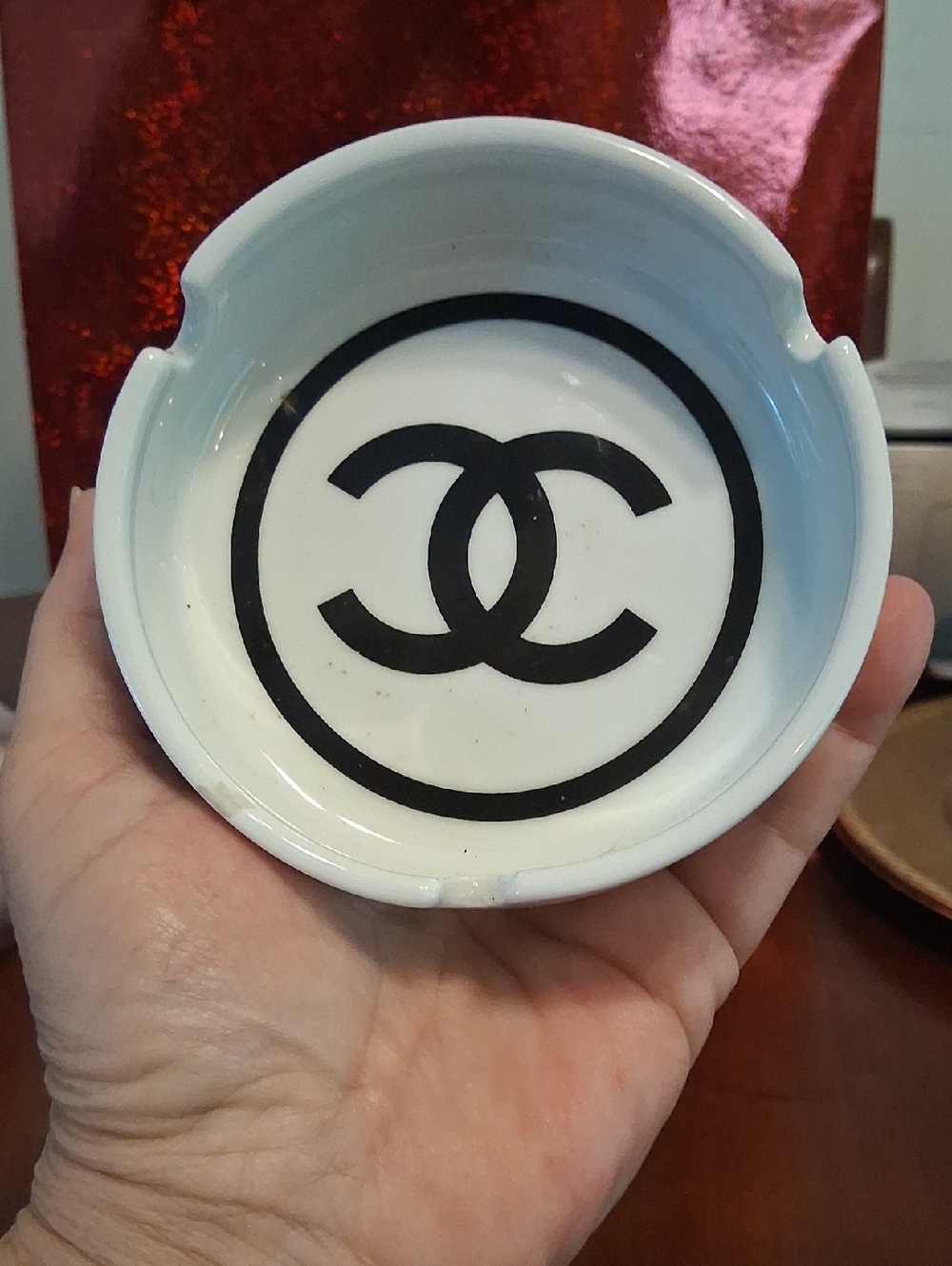 CHANEL White Ceramic Ashtray with Black Double C Logo